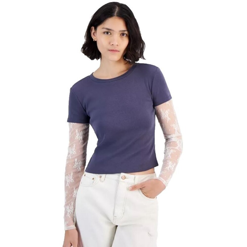 Hippie Rose Juniors’ Layered 2‑Fer Lace‑Sleeve T‑Shirt Navy Blue  NWT